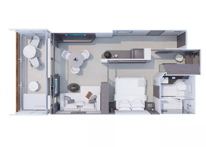<b>プレミア ペントハウス(PP)38～43㎡+10㎡：</b>4名掛けダイニングテーブル、専用アメニティ、ツインベッド対応キャビンあり
