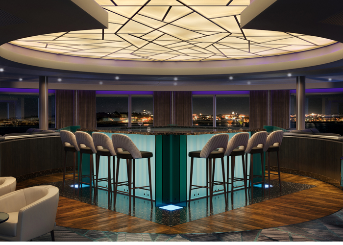 バー海:デッキ10·船の先頭に位置し、絶景を楽しめるバー。朝はパンやペストリーなどの軽めのお食事をカフェと共に、夜は音楽を 聴きながら、幅広いドリンクセレクションをお楽しみいただけます。