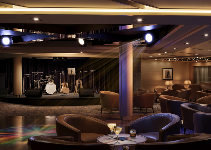 オーシャンクラブ&バー:日中は、体験イベントや教室の開催、夜はダウンライトの中でライブミュージックや 参加型ダンスイベントなどが行われるスペースです。