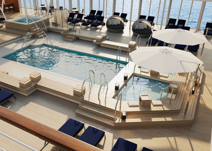 グランドプール開放感あふれる船上のリゾート空間です。 周囲にはデッキチェアやテープルが配置されており、2基の温水ワールプールと足湯を完備。