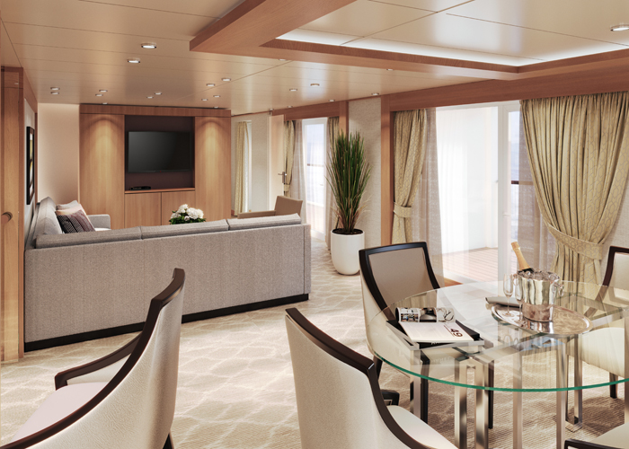 MITSUI OCEAN スイート(82.4㎡): 最上位グレードの客室です。広々としたダイニングエリアと屋外ベランダ、ガラス張りのサンルームにビューバスもございます。