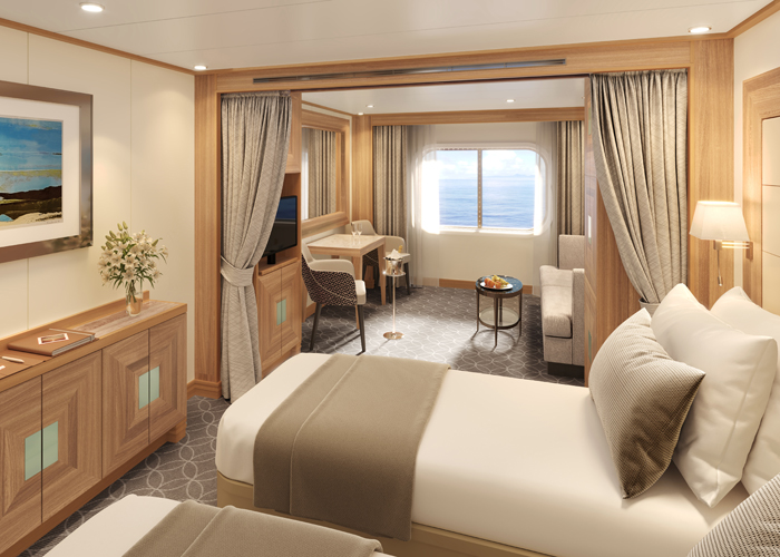 オーシャンビュー スイート(25.3㎡~ 29.4㎡/ベランダなし):リビングとベッドが仕切れるスイートタイプで、快適にお過ごしいただけます。※ベランダはございません。