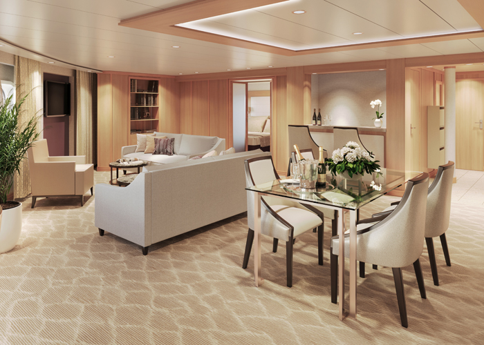 シグネチャー スイート(87㎡):船首に面した大きな窓と屋外バルコニーが特徴のプレミアムな客室。 随一の客室面積を誇ります。