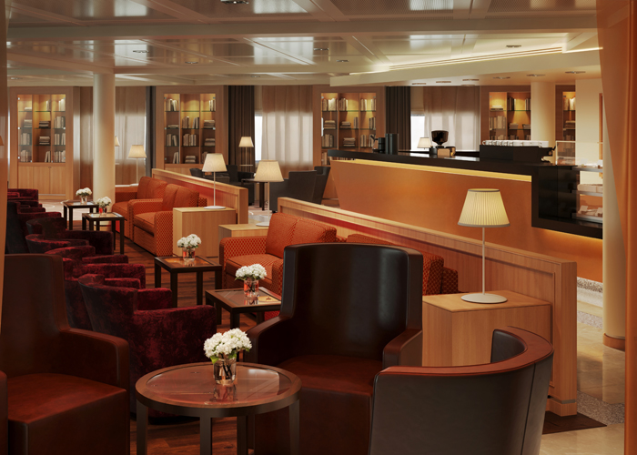 MITSUI OCEAN スクエア:カフェドリンクとともに、軽食をご提供するカフェ。同じ空間にはゲストサービスや寄港地観光ツアーデスク、フューチャークルーズデスクも 併設。