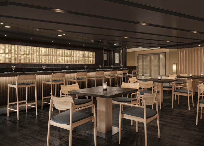 寿司バー潮彩:。お寿司や小皿料理、日本酒を気軽にお楽しみいただける、カウンター席とテーブル席を備えたレストランです。シェフとの会話を楽しむことも。